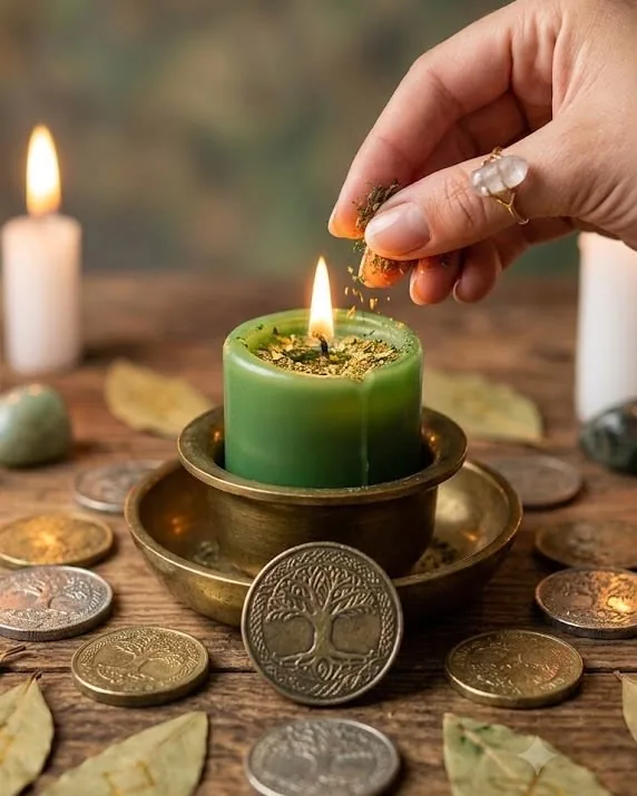 Green candle lit in a brass bowl, surrounded by coins and bay leaves