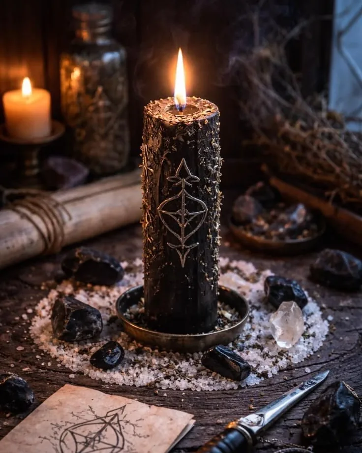 Carved black pillar candle in a circle of salt and black stones