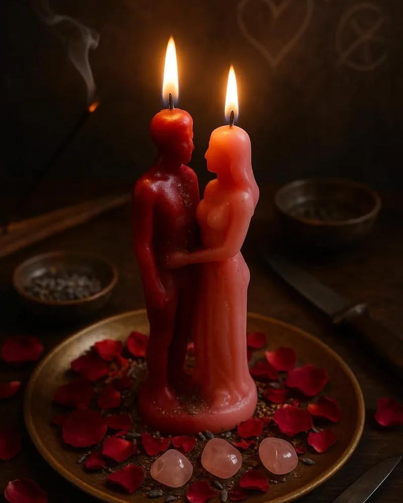Red couple-shaped candle lit on a dish of rose petals and rose quartz